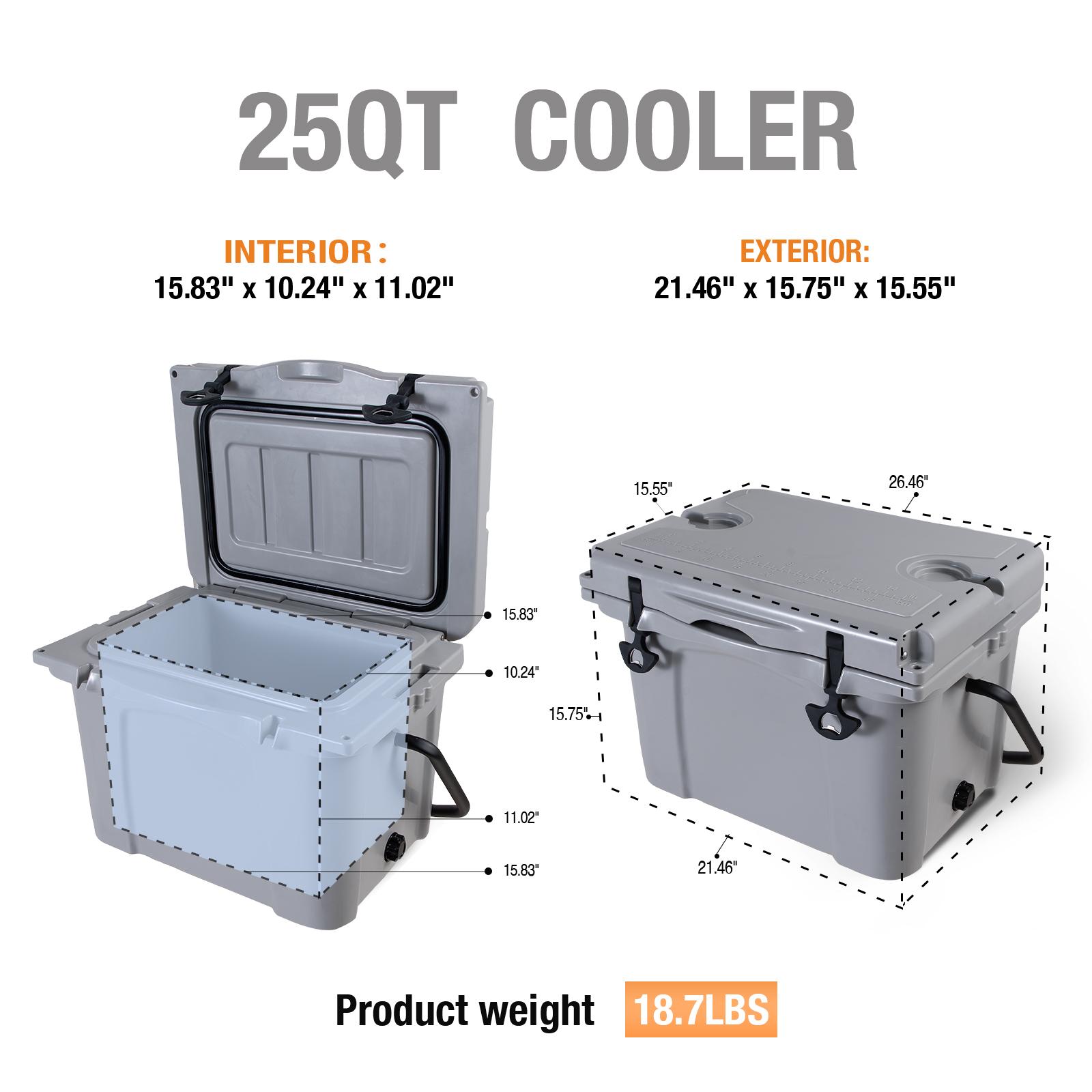 Dufominc 25QT Volume Sturdy Rotational Mold Insulated Hard Cooler with Ergo Handle, Large Size, Bottle Opener, Cup Holder, Forming Ruler, 5-7 Day Ice Retention for Camping, Beach, Travel