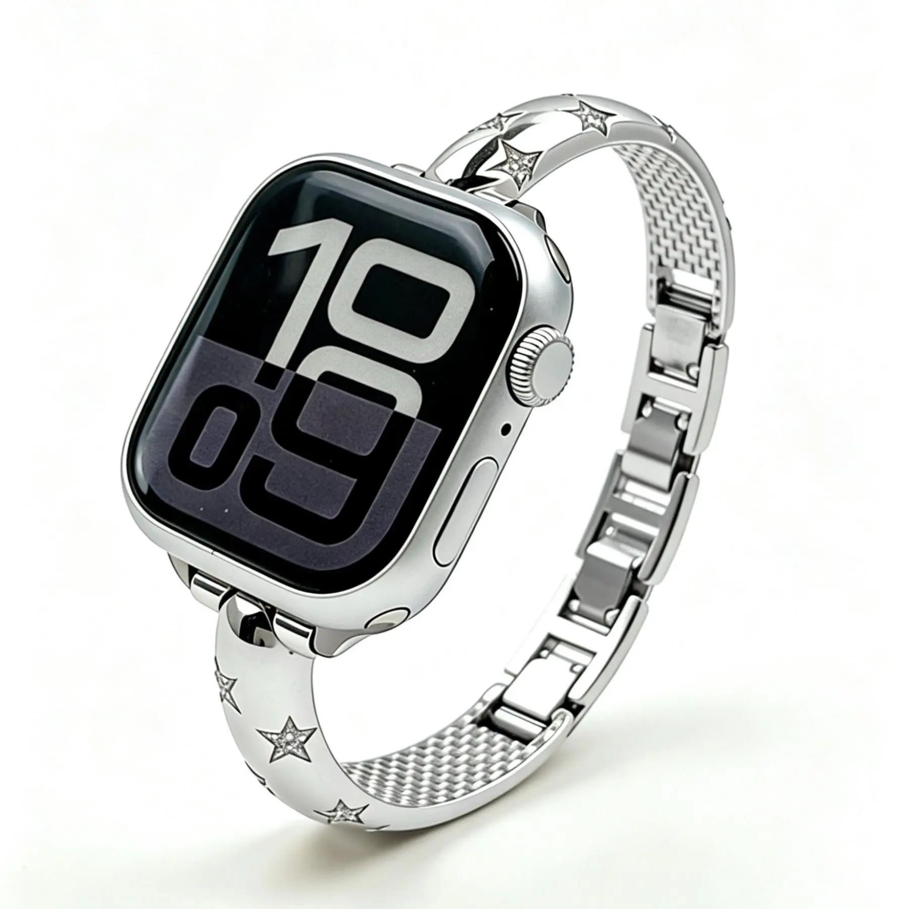 Silver iWatch Band for Women, Star Rhinestone Bling 316L Stainless Steel Jewelry Bracelet, Fits iWatch Series 1-11 SE Ultra 3 38-49mm