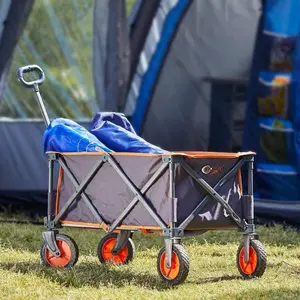 Collapsible Folding Wagon, Push Pull Foldable Beach Wagon Cart with All-Terrain Wheels, Heavy Duty Utility Grocery Wagon for Outdoor Camping Garden Sport Shopping, Holds 225 lbs, Grey/ Orange