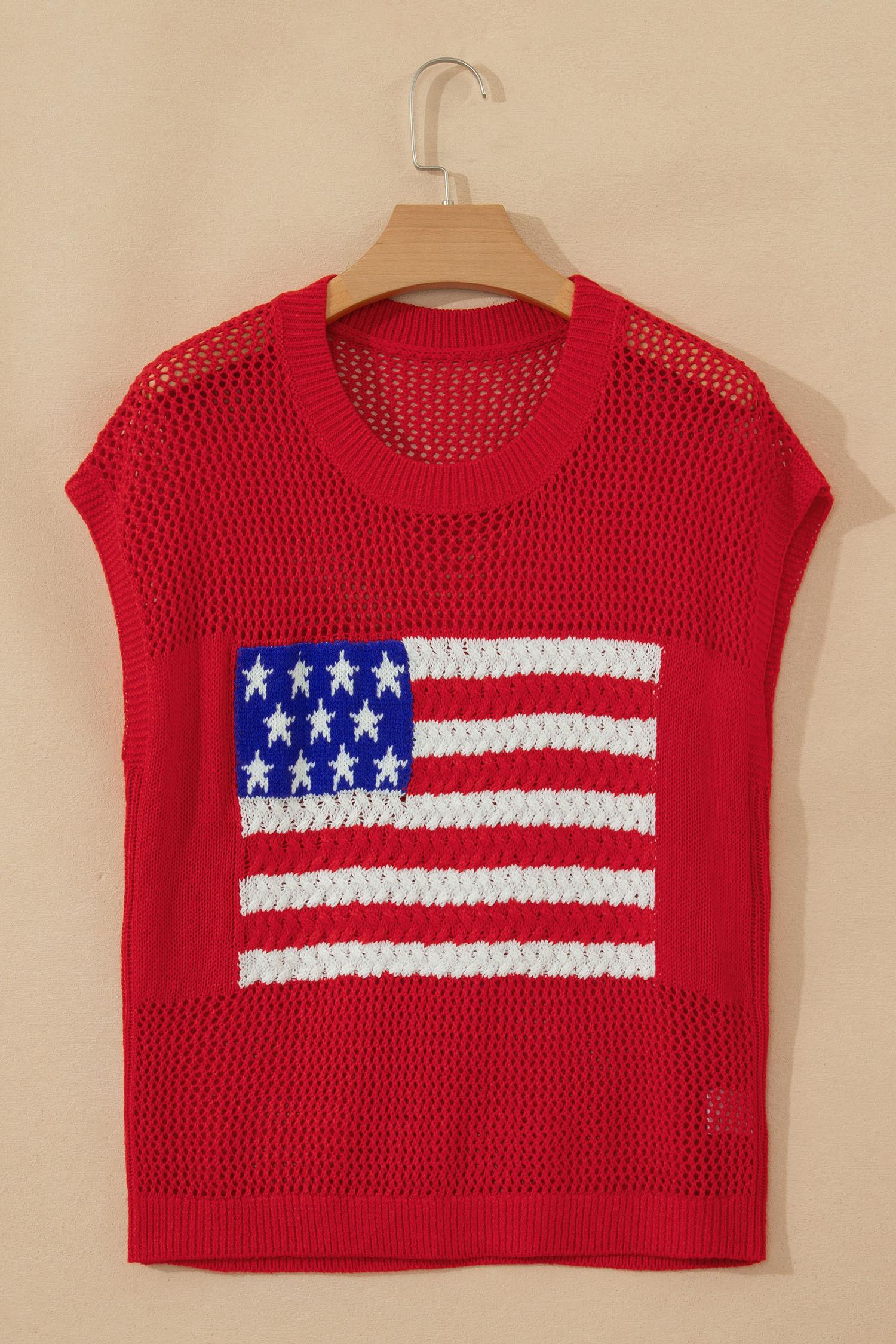 Mntaor Women's American Flag Graphic Relaxed Fit Short Sleeve Knit Sweater Top for Independence Day Festivals & Casual Streetwear Knitwear - Womenswear