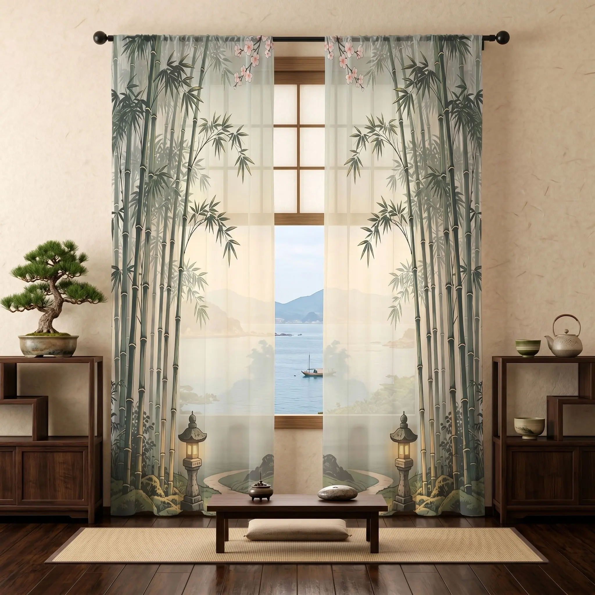 2-Pack Japanese Zen Bamboo Sheer Curtains, 2D Digital Print, All-Season, Living Room, Tea Room, Study, Balcony, Japanese Guesthouse Decor