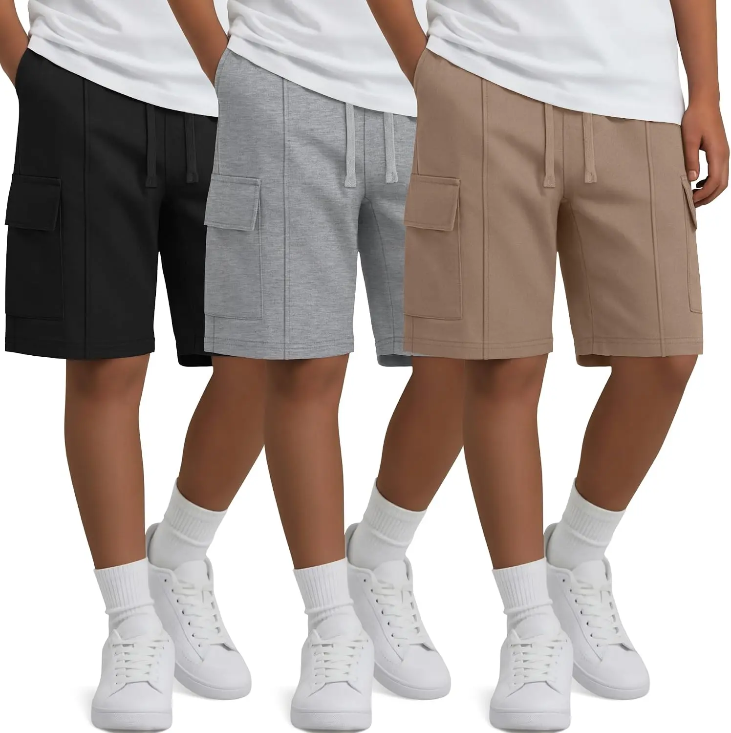 3 Pack Boys Cargo Bermuda Shorts | Pockets, Baggy, Loose Fit, Summer, Athletic ,School, Uniform, Casual, Lightweight, Playwear, Outdoor, Daily, Ages 5-16