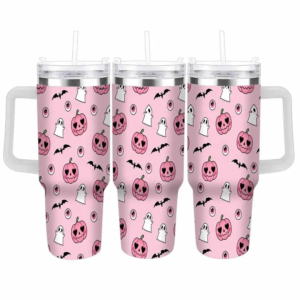 Pink Halloween Aesthetic Tumbler 40oz 30oz Cute Kawaii Ghost Pumpkin Eyeball Bat Pattern Double Wall Insulated Stainless Steel Leakproof Travel Mug For Spooky Parties Daily Office Commuting Birthday Gifts