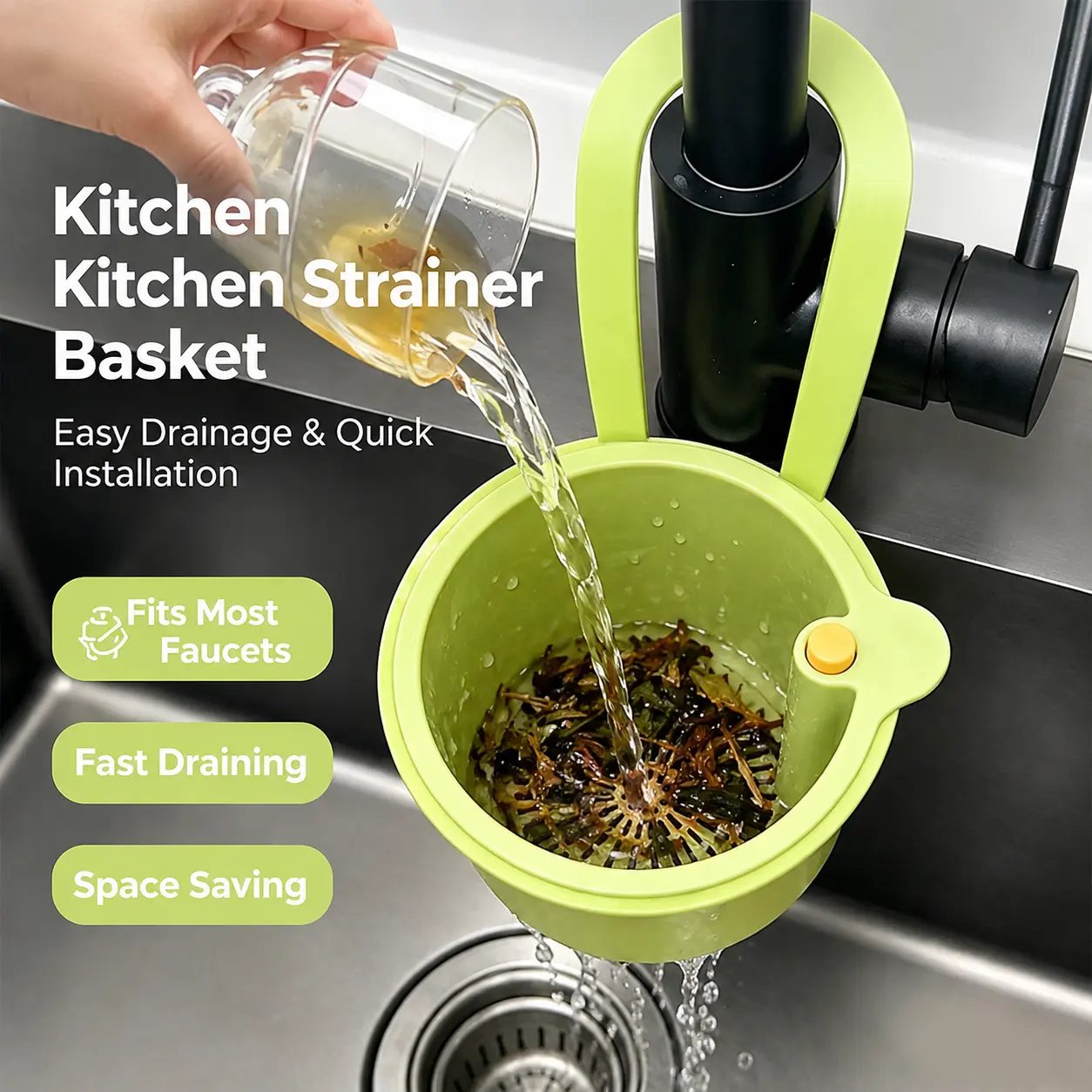 Hands-Free Kitchen Faucet Drain Strainer, One-Touch Release Garbage Catcher Basket for Sink, No Clogs Food Waste Filter, Quick Install & Easy Clean Space Saving Kitchen Gadget