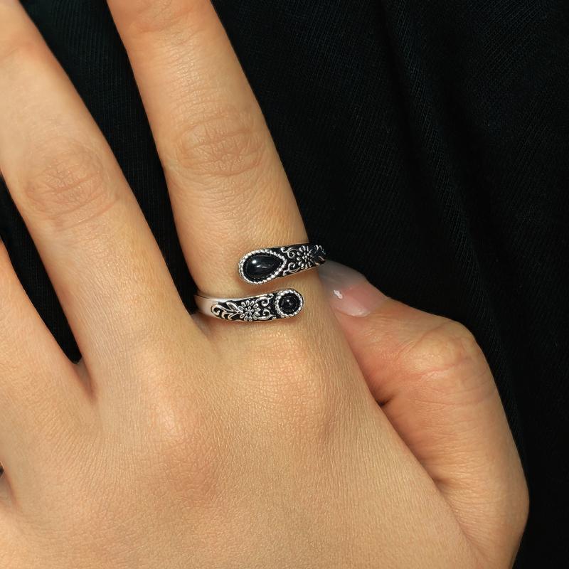 925 Sterling Silver,White Turquoise/Moonstone/Black agate Rings for Women,Adjustable Sunflower Ring Vintage Spoon Rings,Gift,Elegant Jewelry for Women