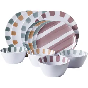 12-Piece Melamine Plates and Bowls Dinnerware Set - Outdoor, Camping, & Everyday Use - Assorted Colors
