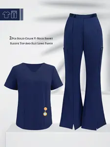Women's Short Sleeve Multi-Pocket Micro Flare Pants Set, Fashionable Versatile Workwear, High-End Commute Suit for Maternity Center Spa