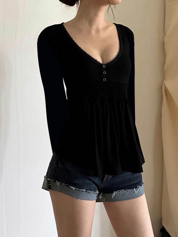Sexy Elegant Low Neck Knit Half Placket Top. Casual Classy Top Flare Sleeve Loose Baby Doll Blouse. Solid Black Casual Y2K Minimalist T-Shirt for Daily Commute & Dating.