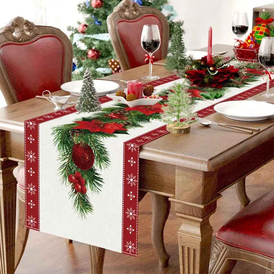 Watercolor Poinsettia Red Christmas Table Runner with White Snow flake Seasonal W