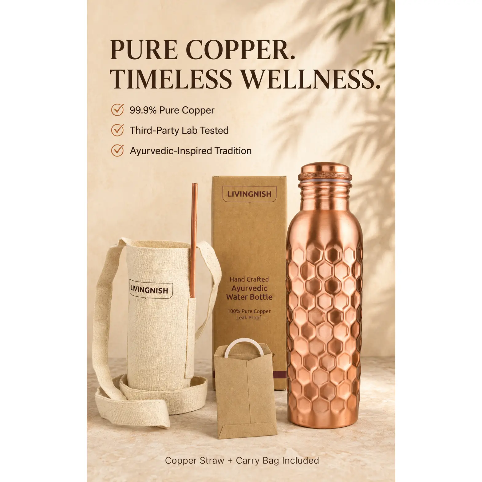 Honeycomb 100% Pure Ayurvedic Copper Water Bottle with Free Straw and Canvas Bag