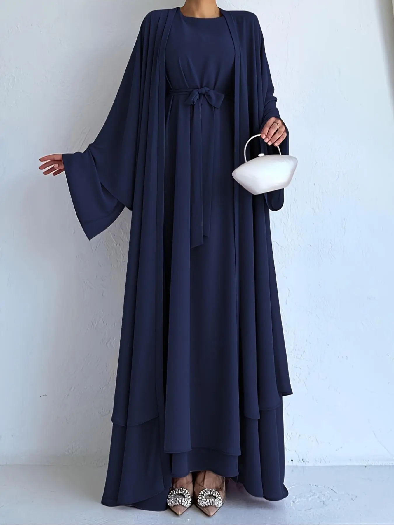 Women's Solid Color Tie Front Abaya & Dress Two-piece Set, Elegant Long Sleeve Round Neck Maxi Dress & Open Front Long Outerwear Set for Spring & Fall