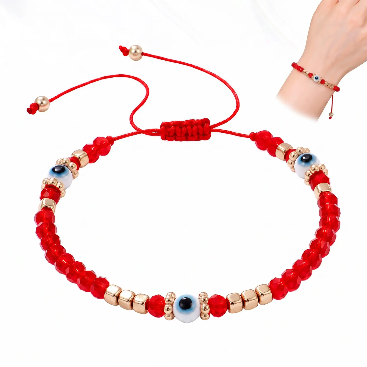 Women's Boho Red Crystal Beaded Bracelet - Gold-Tone Evil Eye Charm Bracelet, Vintage Stackable Costume Jewelry Gift, Crystal Bracelets, Charm Bracelets