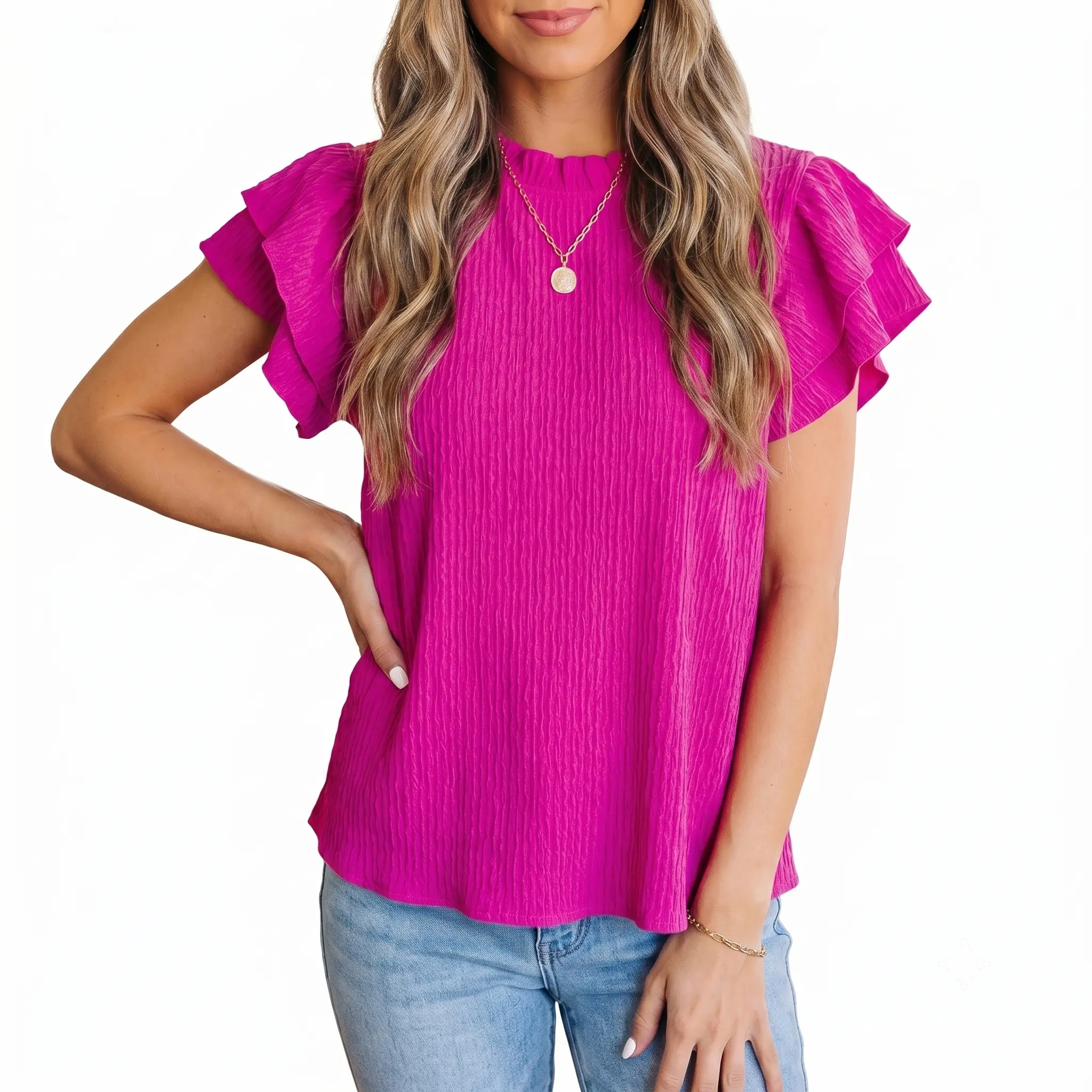 Women's Summer Textured Blouse Ruffle Short Sleeve Mock Neck Top Elegant Casual Crinkle Shirts (Rose Red, Size S-XXL)