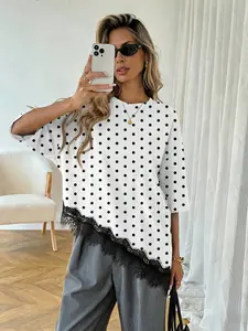 Women's Loose Fit Polka Dot Lace Patchwork Top, Fashionable Casual Blouse for Daily Commute, Home Wear, Stylish Ladies' Clothing, Womenswear