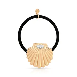 Santorini Shell Hair Tie - Gold Tone Zinc Elastic Cord with Glass Accent 1.25" Hair Accessory Hair Scrunchie Scrunchies For Hair