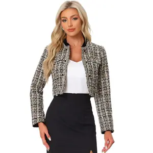 INSPIRE CHIC Women's Double Breasted Open Front Elegant Plaid Tweed Crop Blazer Light Khaki Small