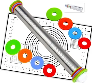 Rolling Pin nonstick and Silicone Baking Pastry Mat combo kit, Adjustable Rolling Pin With Thickness Rings, Rolling Pin for Baking Fondant, Pizza, Pie, Pastry, Pasta, Dough, Cookies (black)