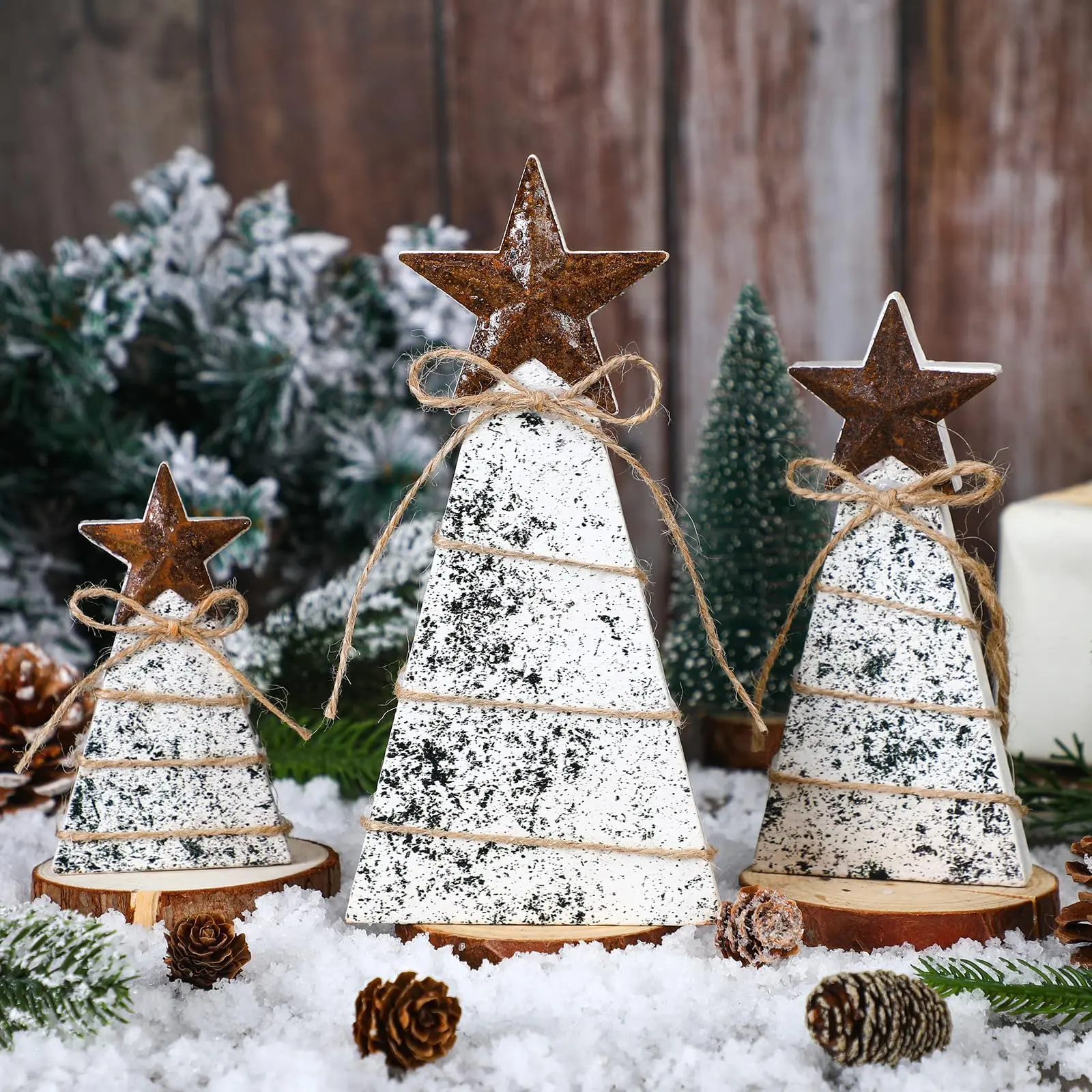 3-Piece Rustic Wooden Christmas Tree Tabletop Decorations Set - Includes Tiered Tray Centerpiece, Iron Star, Jute Rope for Home Dining Table Holiday Decor