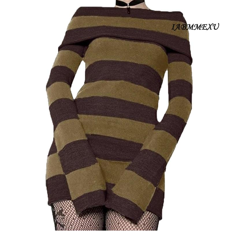 (influencer-approved) Women Gothic Dress Punk Off Shoulder Striped Knit Dress Y2k Fairy Grunge Dress Halloween Dark Academia Clothes Casual Long Sleeve comfortable  dress Summer Black Light Polyester Womenswear Boat Bodycon Check