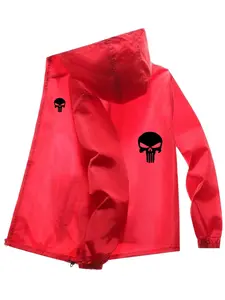 Men's Fashion Jacket with Skull Letter Print, Casual Hooded Design, Zip Pockets, Polyester Material, Spring & Fall Outerwear