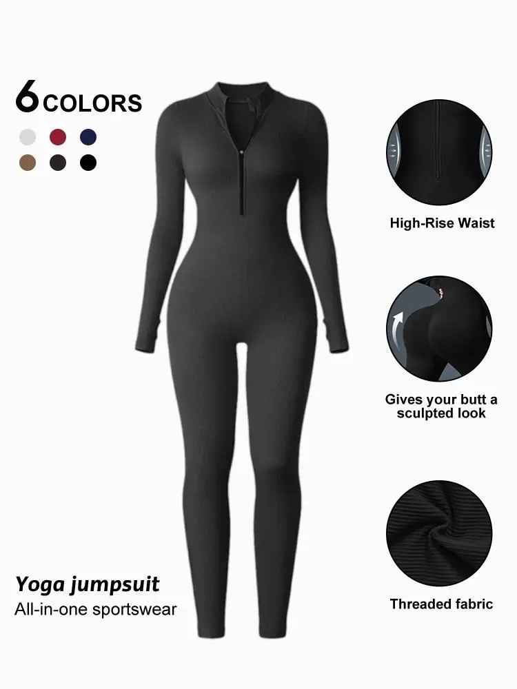 Women Yoga Jumpsuits Workout Ribbed Long Sleeve Zip Front Sport Jumpsuits Zipper sports jumpsuit for women, seamless tight fitting jumpsuit, long sleeved pants, threaded waist cinching fitness yoga casual exercise jumpsuit