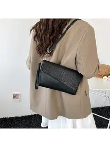 Elegant Black Crossbody Bag, Croc Embossed Envelope Bag for Daily & Work