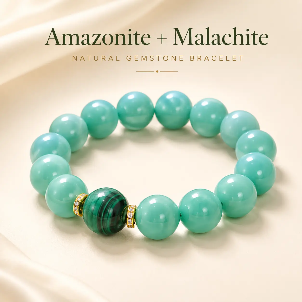 Natural Amazonite & Malachite Crystal Bracelet | Genuine Gemstone Stretch Beaded Bracelet | Communication Energy Jewelry with Sparkling Spacers
