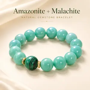 Natural Amazonite & Malachite Crystal Bracelet | Genuine Gemstone Stretch Beaded Bracelet | Communication Energy Jewelry with Sparkling Spacers