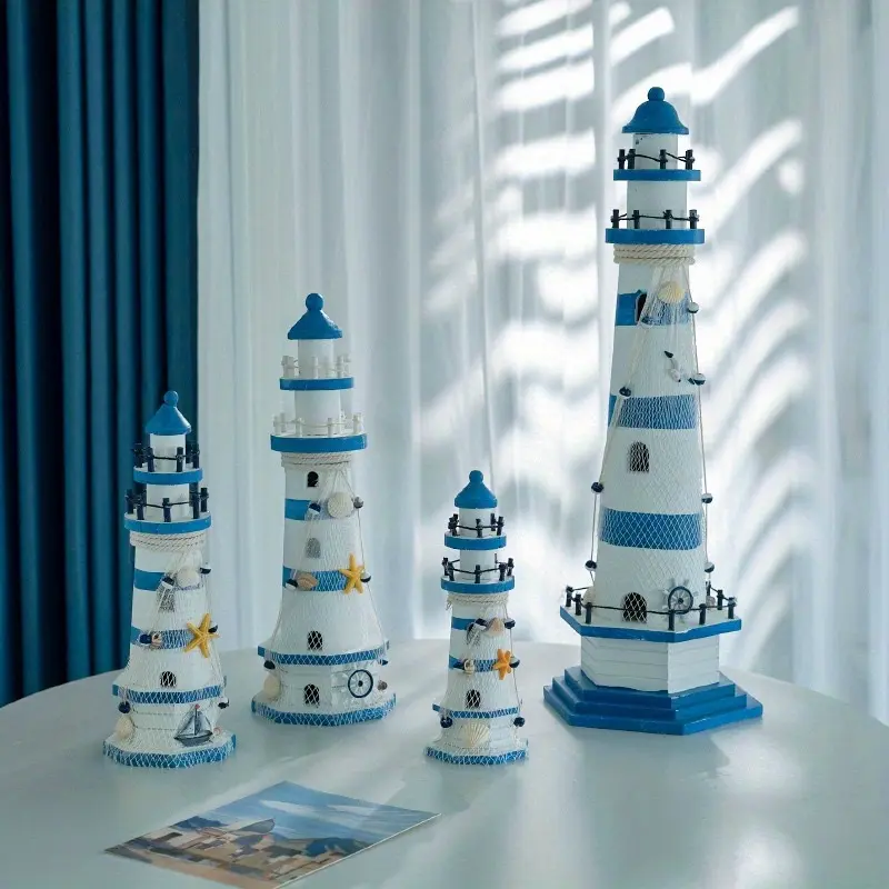 9.06inch Handcrafted Blue & White Striped Wooden Lighthouse Decor - Ocean-Inspired Home Accent Mounted Ornament, Lighthouse Rudder Statue Figurine, 9.06Inch Lighthouse Rudder