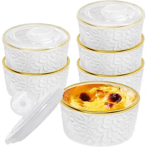 Ramekins Oven Safe with Lids, 8 OZ Creme Brulee Ramekins Embossed Flora White Ceramic Ramekin Baking Dish for Souffle Custard Dips Soup Small Bowls for Dessert Appetizers Meal Prep Thanksgiving Christmas Gift