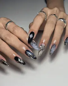 Metallic Galaxy Press On Nails| Futuristic Chrome Nail Art | Cosmic Night Sky Acrylic Nails | Starry Night Nail Polish | Silver Nails