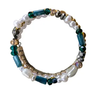 Gold, Green, and White Memory Wire Beaded Wrap Bracelet beaded bracelets stacking bracelets one size fits all jewelry