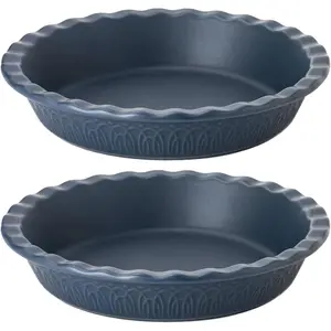 Fun Elements Ceramic Pie Pan, 9 Inch Pie Dish for Baking, Ruffled Pie Plate, Non-Stick Deep Dish Pie Pan for Apple Pie and Pot Pie, Set of 2, Blue