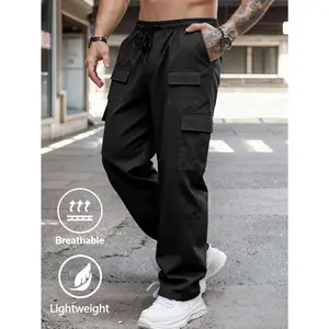 Men's Solid Cargo Pants - Lightweight Breathable, Drawstring Elastic Waist, Multi Pockets, Regular Fit Non Stretch - Versatile Casual Pants for Daily Wear, Hiking & Outdoor Activities | Spring Fall Outfits