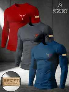 3-Pack Men's Sporty Long Sleeve T-Shirts, Bull Print Fitness Tops, Fitness Workout Shirt, Ideal for Daily Commute, Gym Training, Outdoor Adventures