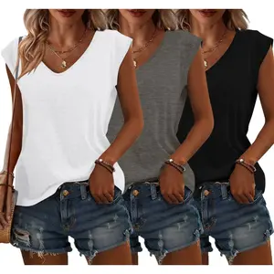 3 Pack Womens Cap Sleeve Tops V Neck T Shirts Summer Spring Outfits Beach Vacation Fashion Tee Blouse Workout Clothes