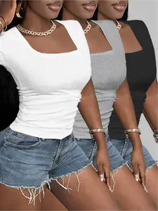 Women's Solid Color Square Neck Tee, Casual Short Sleeve T-shirt Top for Summer, Ladies Clothes for Daily Wear