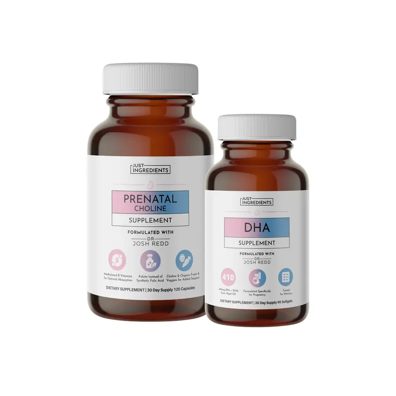 Just Ingredients Prenatal & Postnatal + DHA Supplement 2 Bottles 1 of Each with Choline & Plant-Based DHA for Fetal Development