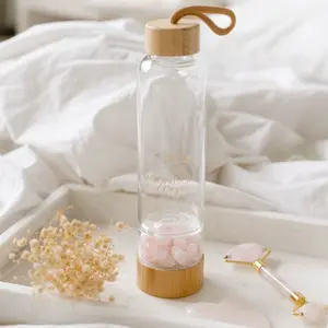 (Bamboo glass water bottle - Rose Quartz) Drinkware Cup Bottled Reusable Portable Tumbler