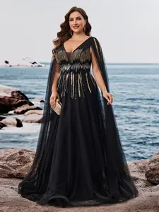 Court Vintage A-Line Mesh Formal Evening Dress, Dark Luxury Sequined V-Neck Carpet Party Gown, Queenly Style Shawl Sleeve Wedding Dress