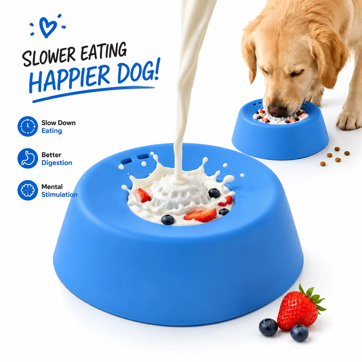 Dog Slow Feeder Bowl - Interactive Dish with Rolling Ball, Liquid Treat Dispenser & Lick Design, No-Spill for Bone Broth & Yogurt, Dishwasher-Safe Indoor Use for Anxiety Relief & Mental Stimulation