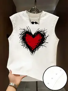 Unisex Sleeveless Casual Vest Top, Hand Drawn Heart Print, Rivet Details, Fitted Long Shirt, Summer Essential for All Seasons