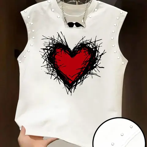 Men's Sleeveless Vest Top, Hand Drawn Heart & Rivet Embellished, Sleeveless Printed, Graphic Casual Summer Style, Daily Commute & Weekend Outing, Sleeveless Tank Tops