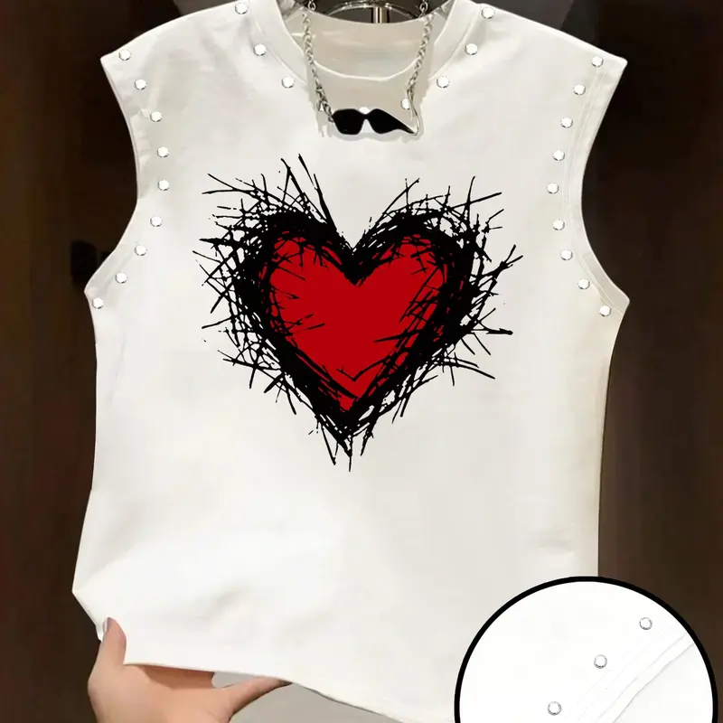 Men's Sleeveless Vest Top, Hand Drawn Heart & Rivet Embellished, Sleeveless Printed, Graphic Casual Summer Style, Daily Commute & Weekend Outing, Sleeveless Tank Tops