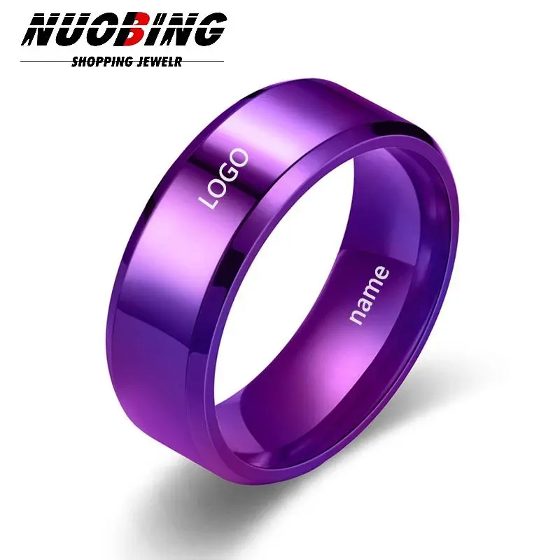 Purple Stainless Steel Personalized Custom Women's Carved  Name Logo Engagement Ring Men's Wedding Jewelry Gift