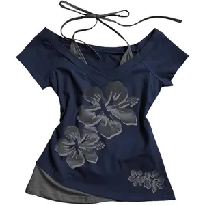 Y2k Baby Tee Women Crop Top Summer 2025 Streetwear 2000s Goth Emo Grunge Shirts Fake 2 Piece Grahpic Tees tank air Long Sleeve Deep Neck Tie zip hoodie