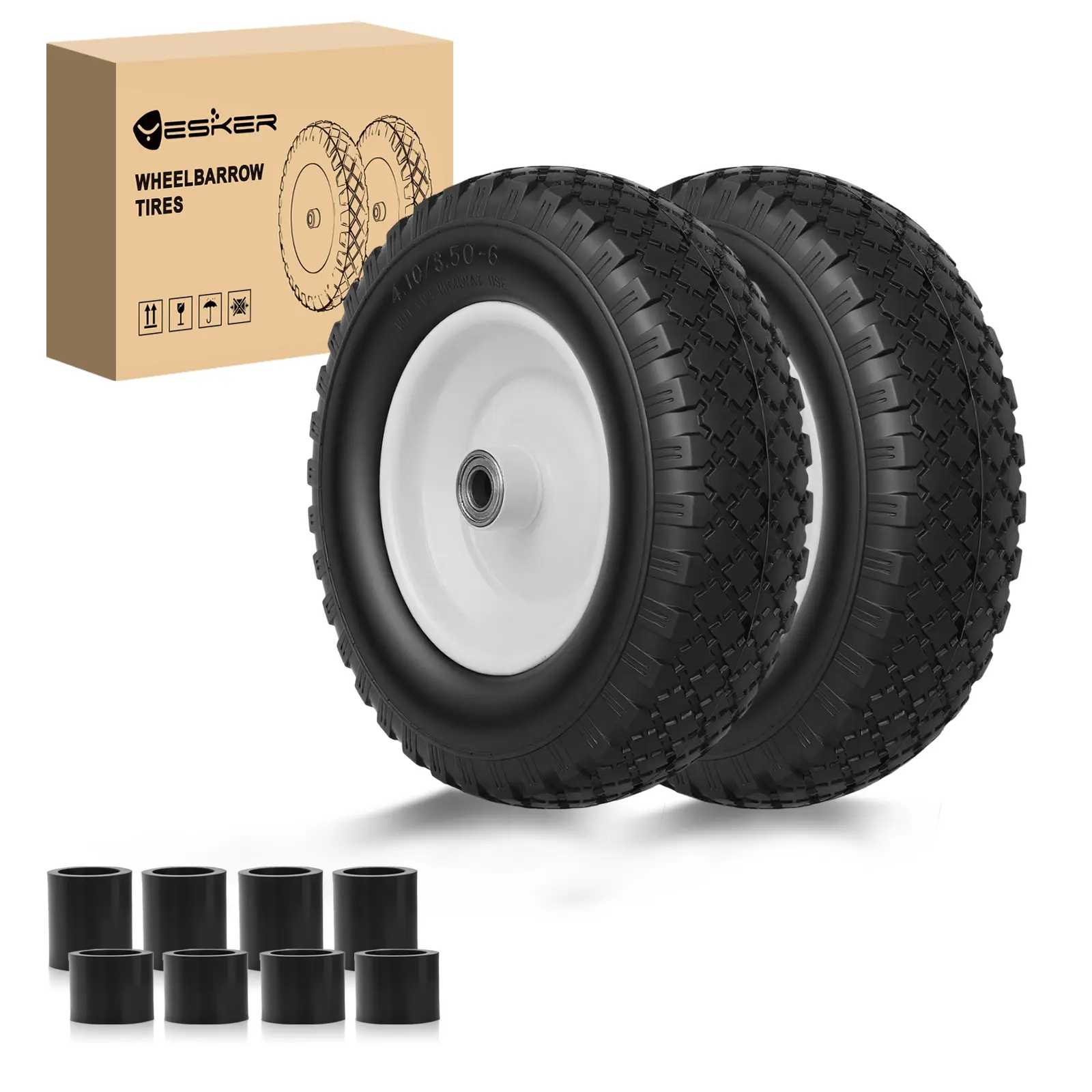 Yesker 2-Pack 4.10/3.50-6" Flat Free Solid Polyurethane Tires & Wheels, 12" Puncture-Proof, 5/8" Axle Bore Bearing, Durable Steel Rim, Built to Fit Garden Cart/Wheelbarrow, Auto Replacement Parts for Daily Yard Work, Grass/Dirt Traction, Father's Day Gift