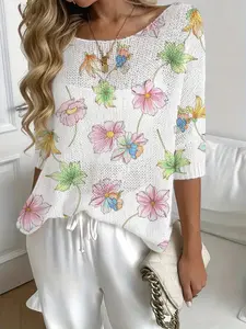 Women's Floral Print Round Neck Long Sleeve Knit Mesh Top, Casual Elegant Vacation Style, Comfortable Breathable Women's Shirt, Batwing Shoulder Design, Boho Cottagecore Blouse, Boho Resort Blouse