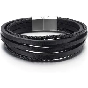 Mens Womens Multi-Strand Braided Leather Bracelet Wristband with Steel  Clasp
