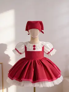 Baby Girl's Colorblock Big Bow Decor Plicated Tulle Dress Elegant Puff Sleeve Round Neck Fit Flare Dress for Party Infant Toddler Kids Clothes for All Seasons Princess Seraphina Dress